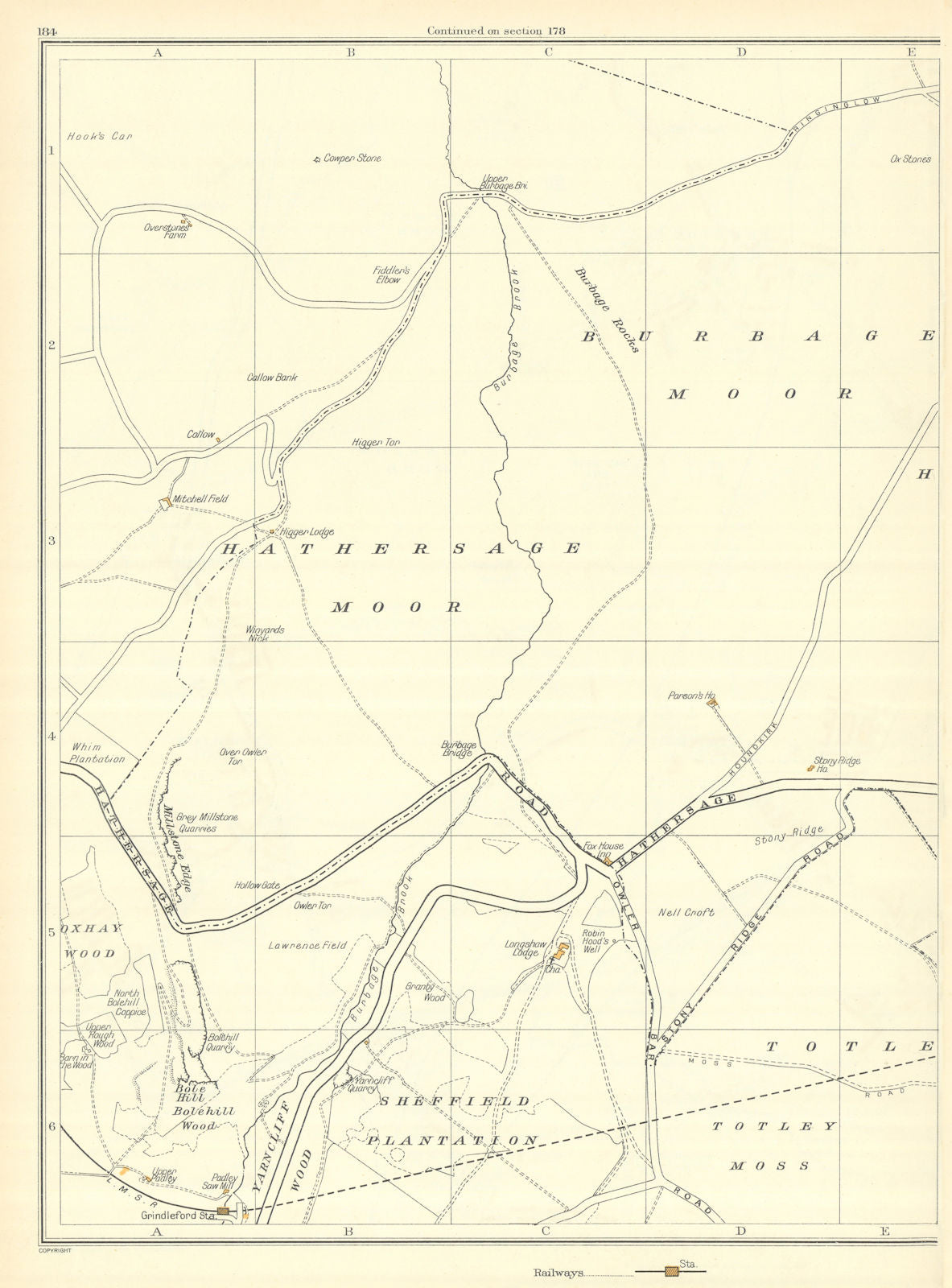 YORKSHIRE Grindleford Burbage Hathersage Moors Upper Padley Oxhay Wood 1935 map